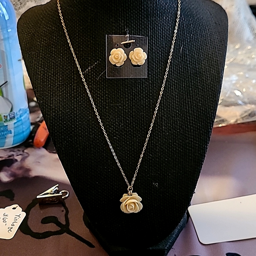 Hand Carved bone rose necklace and carved acrylic earrings set